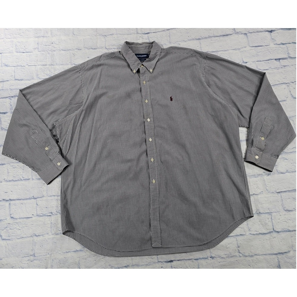 Ralph Lauren Golf Tilden Button Shirt Mens XXL Navy White Gingham Check Pony VTG